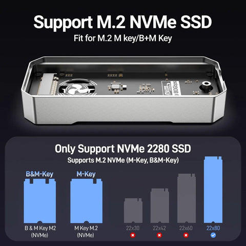 Blazing Fast 80Gbps M.2 2280 NVMe Enclosure With Dope Turbo Cooling Fan showing M.2 SSD compatibility and dimensions.