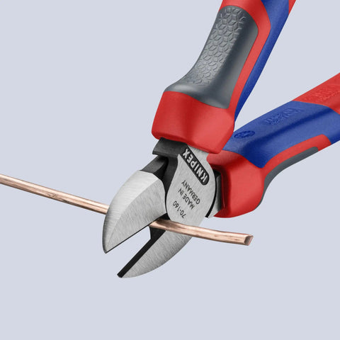 Comfort Grip Diagonal Cutters 160 mm with ergonomic handles cutting copper wire with color coded grips visible.