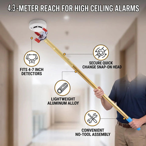 Heavy Duty Smoke Detector Removal Pole With Quick Snap Abs Head Extends To Four Point Three Meters for high ceiling alarms.