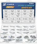 16 Sizes Aluminum Pop Rivet Kit With Blind Rivets In 3/32 1/8 5/32 3/16 1/4 Inch And Stainless Steel Washers Pro Grade Heavy Duty All In One Assortment For Quick Repairs And Projects Pack Of 130 Pieces visible in open box.