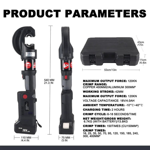 Heavy Duty Electric Hydraulic Wire Crimper With Twelve Pairs Dies And Portable Design For 16 To 400mm2 Cables Featuring Quick Crimping Action and Rotary Head, showing product parameters.