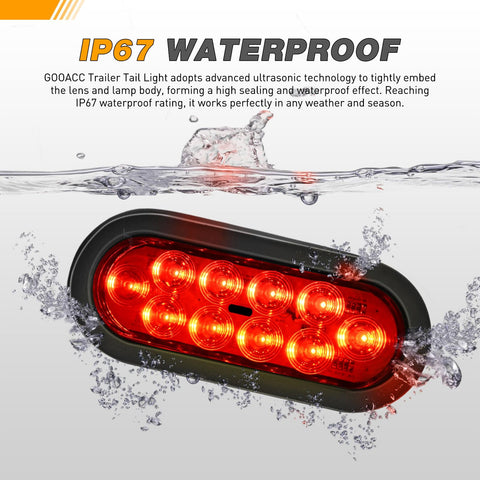 6 Inch Oval Trailer Tail Light 2 Pack With 10 LED Red Stop Brake Turn Signals Surface Mount Grommets And Plugs IP67 Waterproof