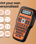 Slick E1000 Pro Handheld Portable Label Printer For Fast Industrial Marking On Multiple Surfaces With Hella Efficient Personalized Adhesive Labels And Boss Level Workspace Organization Tool In Classic Gray display with keyboard and screen.