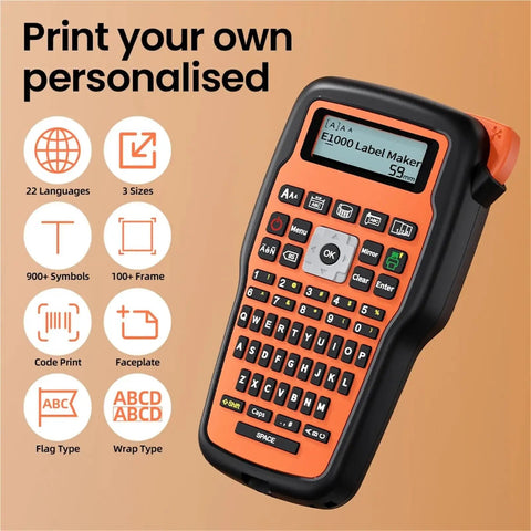 Slick E1000 Pro Handheld Portable Label Printer For Fast Industrial Marking On Multiple Surfaces With Hella Efficient Personalized Adhesive Labels And Boss Level Workspace Organization Tool In Classic Gray display with keyboard and screen.