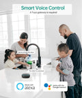 Family in kitchen using smart voice control with Alexa and Google Assistant compatibility, showcasing smart home integration.