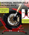 Heavy Duty Motorcycle Wheel Chock With 1800 Lb Capacity Adjustable 16 To 21 Inch Tire Fit For Cruisers Dirt Bikes And ATVs Rust Resistant Steel For Trailer Or Garage Mount Red shown securing motorcycle wheel.