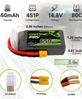 4S 650mAh 80C LiPo Battery with XT30 connector for RC FPV racing drones and quadcopters 14.8V high discharge power pack