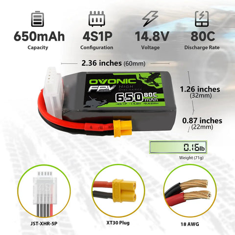 4S 650mAh 80C LiPo Battery with XT30 connector for RC FPV racing drones and quadcopters 14.8V high discharge power pack