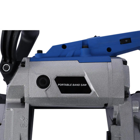 Close-up of the Straight Shooter Portable Band Saw Featuring 1100 Watt Motor, highlighting the control panel and compact design.