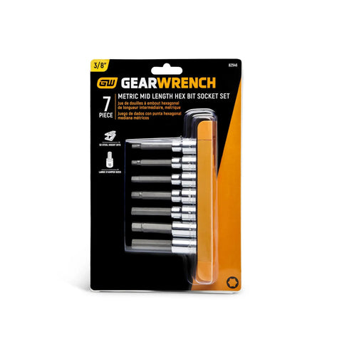Seven Piece Three Eighths Inch Drive Mid Length Hex Bit Socket Set Metric With S2 Steel Insert Bits And Heat Treated Socket Bases
