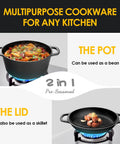 2-In-1 Preseasoned Cast Iron Dutch Oven Pot With Skillet Lid in use for cooking, shown on stovetop, dual-handle cast iron cookware, 5 Qt
