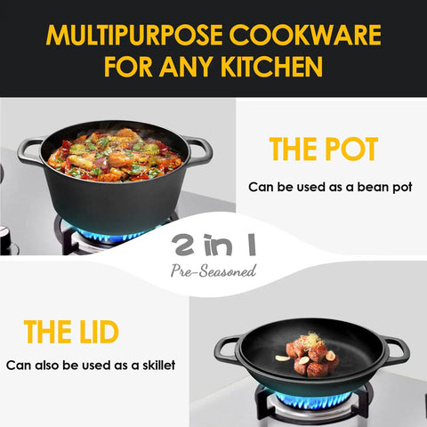2-In-1 Preseasoned Cast Iron Dutch Oven Pot With Skillet Lid in use for cooking, shown on stovetop, dual-handle cast iron cookware, 5 Qt