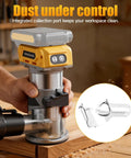Powerful Brushless Cordless Router For Woodworking, 20V Battery Compatible, 6 Speed Control, aluminum base shown in use