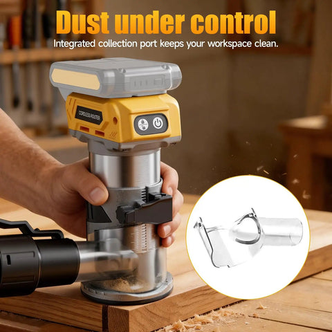 Powerful Brushless Cordless Router For Woodworking, 20V Battery Compatible, 6 Speed Control, aluminum base shown in use