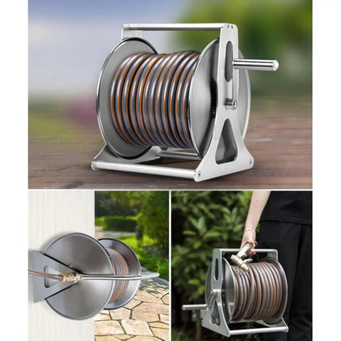 Heavy Duty Stainless Steel Wall Mount Garden Hose Reel With Smart Storage Shelf And Versatile Spray Gun Delivers No Drama Watering And Total Backyard Flex