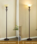 Torchiere Floor Lamp With Glass Bowl Shade and Swirl Vane Details, LED Standing Reading Light for Living Room, Bedroom, and Home Office, Bulbs Included, Red Brown Finish, Cozy Ambient Glow