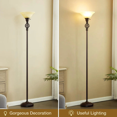 Torchiere Floor Lamp With Glass Bowl Shade and Swirl Vane Details, LED Standing Reading Light for Living Room, Bedroom, and Home Office, Bulbs Included, Red Brown Finish, Cozy Ambient Glow