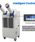 Heavy Duty 18700 BTU Mobile Industrial Air Conditioner With Smart Digital Interface And Dual Cooling Ducts For Quick Indoor Outdoor Job Site Cooling 110V control panel showing temperature settings and fan speed.