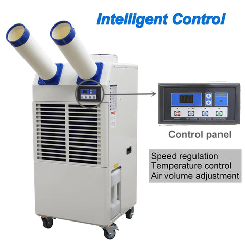 Heavy Duty 18700 BTU Mobile Industrial Air Conditioner With Smart Digital Interface And Dual Cooling Ducts For Quick Indoor Outdoor Job Site Cooling 110V control panel showing temperature settings and fan speed.