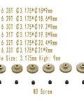 0.6 Mod Pinion Gear Set For One Tenth RC Cars 3.175mm Pitch 28T 29T 30T 31T 32T 33T Six Piece Pack In 7075 Aluminum Alloy Metal Pinion Gears For Brushed And Brushless Motors displayed with specifications