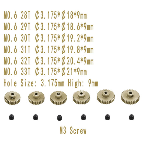 0.6 Mod Pinion Gear Set For One Tenth RC Cars 3.175mm Pitch 28T 29T 30T 31T 32T 33T Six Piece Pack In 7075 Aluminum Alloy Metal Pinion Gears For Brushed And Brushless Motors displayed with specifications