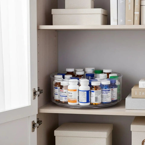 Straight Up Smooth Lazy Susan Turntable Organizer Featuring Ultra Glide Rotation And Smart Three Compartment Design For Zero Hassle Vitamin Pill Medicine Storage On Bathroom Vanities Or Kitchen Counters in a cabinet with clear tray and medicine bottles.
