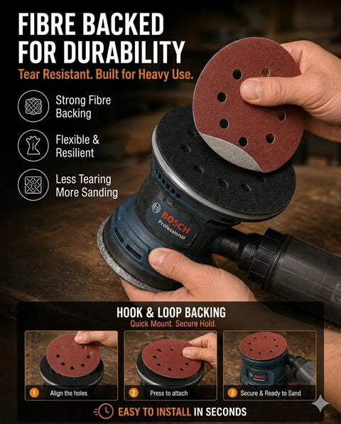 300 Pack 5 Inch Sanding Discs Set With 8 Hole Hook And Loop For Random Orbital Sanders shown being attached to sander