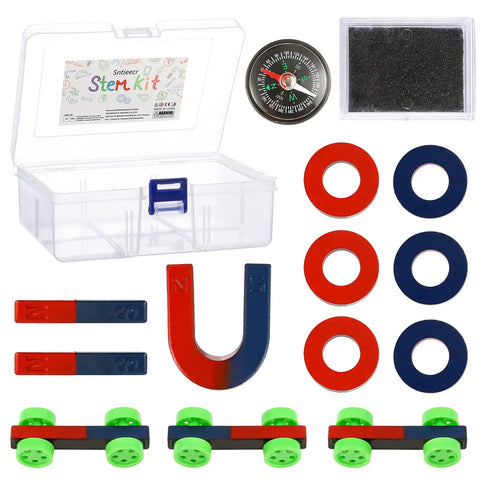 Magnetism Science Kit for Kids and Teens Hands On Physics Experiments STEM Education Toy Set with magnets, cars, compass, and filings.