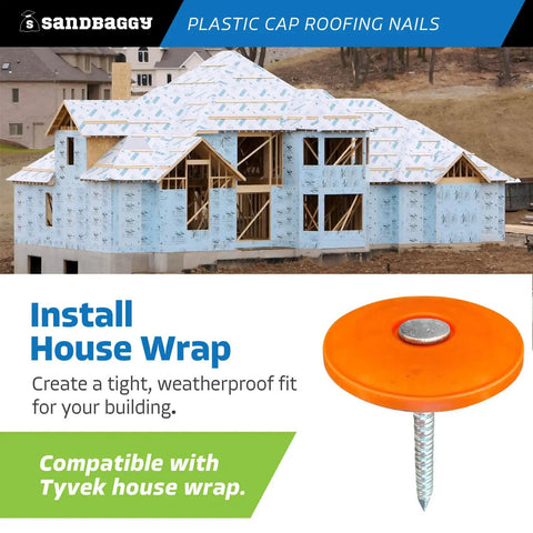 Pro Grade Plastic Cap Roofing Nails With Hella Secure Ring Shank And Tough Electro Galvanized Steel For Roof Underlayment Felt Paper And House Wrap on construction site with house wrap.