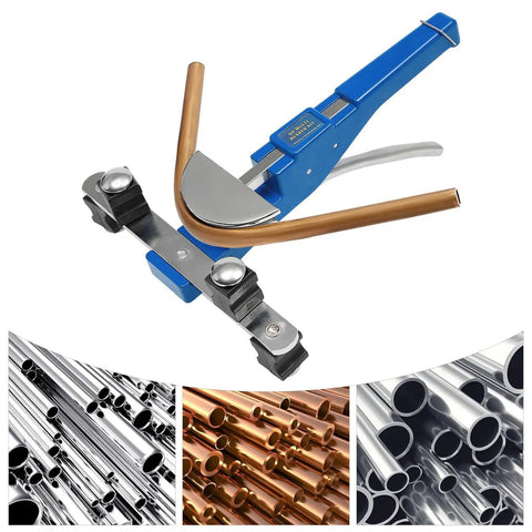 Heavy Duty Manual Pipe Bender For Copper Aluminum And Steel Tubing 0 To 90 Degree Bends With Built In Flaring Tool, detailed view with copper tube.