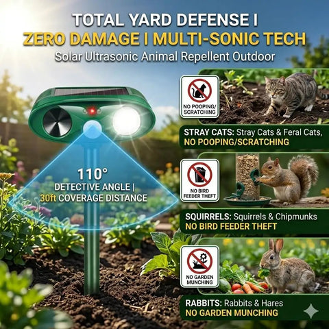 Solar Ultrasonic Deer Repellent Device With Motion Sensor Deterrent For Your Yard Protect Plants From Deer Rabbits Squirrels And Other Wildlife For Easy Install And Weather Resistant Outdoor Use, 110° coverage