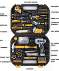 Open case showing Upgradd 180 Piece Tool Set With 8V Cordless Drill Lightweight Home Repair Kit for DIYers and handymen with tools labeled.
