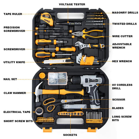 Open case showing Upgradd 180 Piece Tool Set With 8V Cordless Drill Lightweight Home Repair Kit for DIYers and handymen with tools labeled.