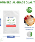 Clear 6x10 Inch 3 Mil Chamber Vacuum Sealer Bags, 500 Pack, Pre-Cut Pouches With Tear Notch, BPA-Free Heavy-Duty Chamber Bags.