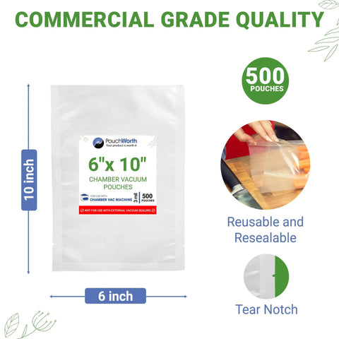 Clear 6x10 Inch 3 Mil Chamber Vacuum Sealer Bags, 500 Pack, Pre-Cut Pouches With Tear Notch, BPA-Free Heavy-Duty Chamber Bags.