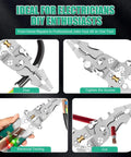 18 In 1 Foldable Wire Stripper And Multi Tool Pliers For Electricians showing peeling, tightening screws, testing, and cutting