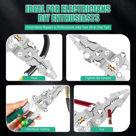 18 In 1 Foldable Wire Stripper And Multi Tool Pliers For Electricians showing peeling, tightening screws, testing, and cutting