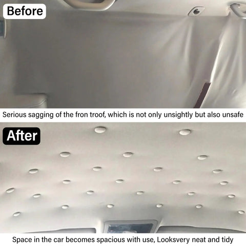 Before and after repair using 50 Set Car Roof Headliner Repair Kit With 202 Pcs Auto Roof Snap Rivets Retainers And Installation Tool.