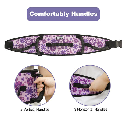 Anti Slip Gait Belt Transfer Strap For Seniors With Quick Release Buckle, purple with 5 handles, nylon with floral design.