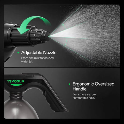 Detailed view of adjustable nozzle and ergonomic handle of Battery Powered Sprayer 0.5 Gallon Electric Spray Bottle USB Rechargeable.