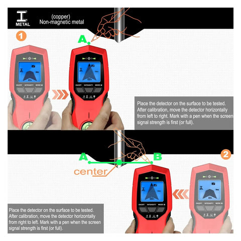 Heavy Duty Digital Wall Stud Finder With Bright Backlit Display For Dead On Ac Cable Scan Metal Pipe Locate And Wood Joist Detection Zero Hassle Design, showing operation instructions.