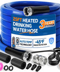 Heated Water Hose For RV And Campers With Ultra Low Temp Protection To Minus 45 Degrees Fahrenheit, coiled with fittings
