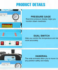 Heavy Duty Industrial Steam Iron Station With Pressurized Continuous Flow And Massive Four Liter Tank controls with pressure gauge and dual switch.