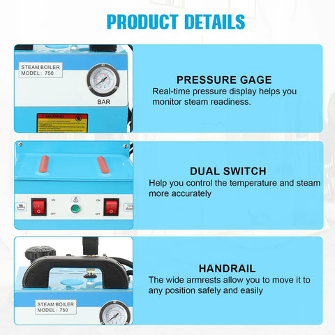 Heavy Duty Industrial Steam Iron Station With Pressurized Continuous Flow And Massive Four Liter Tank controls with pressure gauge and dual switch.