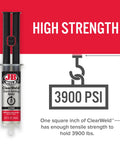 JB Weld ClearWeld epoxy syringe labeled with 3900 PSI strength, emphasizing high strength and quick-setting capabilities.