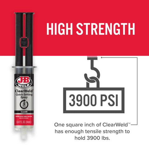 JB Weld ClearWeld epoxy syringe labeled with 3900 PSI strength, emphasizing high strength and quick-setting capabilities.