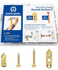 Packaging of Self Drilling Drywall Anchors Kit With Screws 100 Pcs Four Size Set Heavy Duty Metal Expansion Anchors displayed