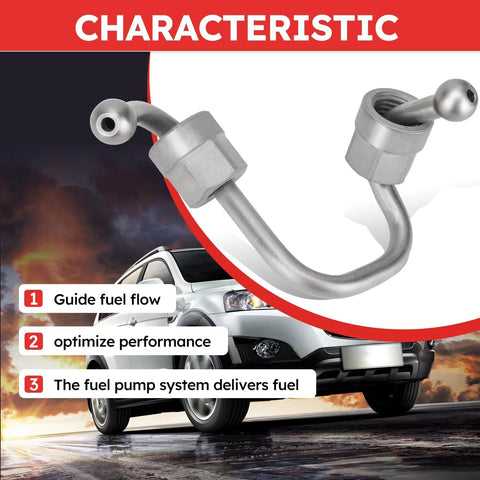 Intermediate High Pressure Fuel Feed Pipe From Pump To Rail For 2010-2017 Chevy Equinox Impala Malibu with car in background.
