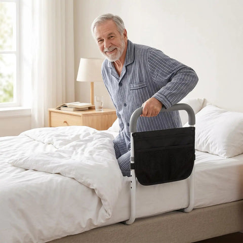Senior using Heavy Duty Bed Rail For Seniors With Non Slip Foam Grip And Safety Strap ASTM Certified Bedside Guardrail Tool Free