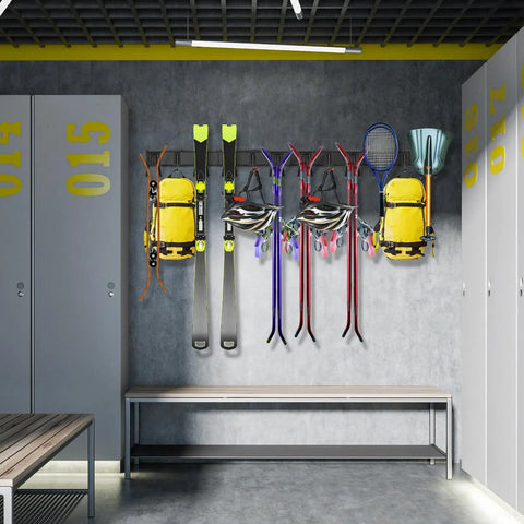 Wall Mounted Garage Tool Organizer Rack, 64 Inch Adjustable Heavy Duty Yard Tool Holder installed in a modern garage.